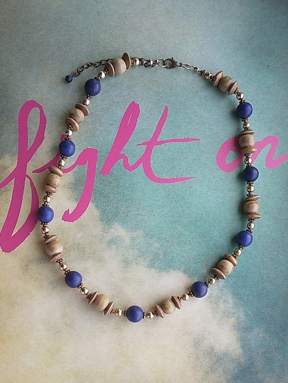 Blue and Natural Wood Beaded Necklace